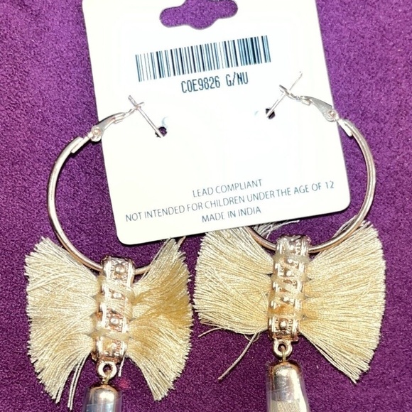 Mia Collection Earrings Tan Tassels Gold Tone Hoops Rhinestone NWT - Picture 2 of 4